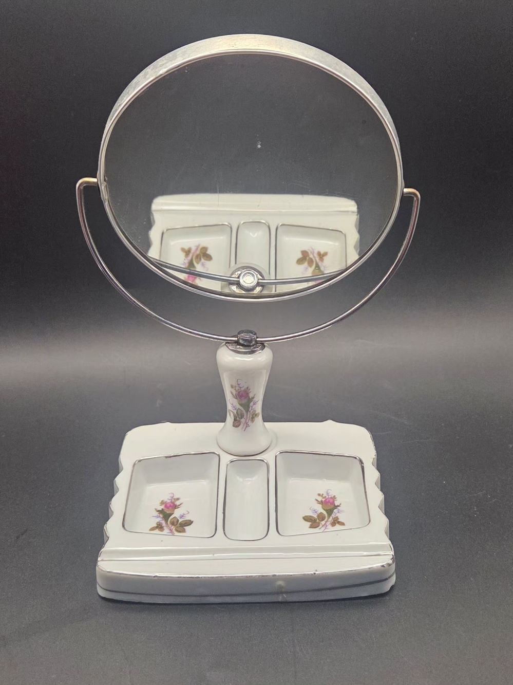 Vintage Porcelain Swivel Vanity Mirror with Floral Divided Trinket Tray